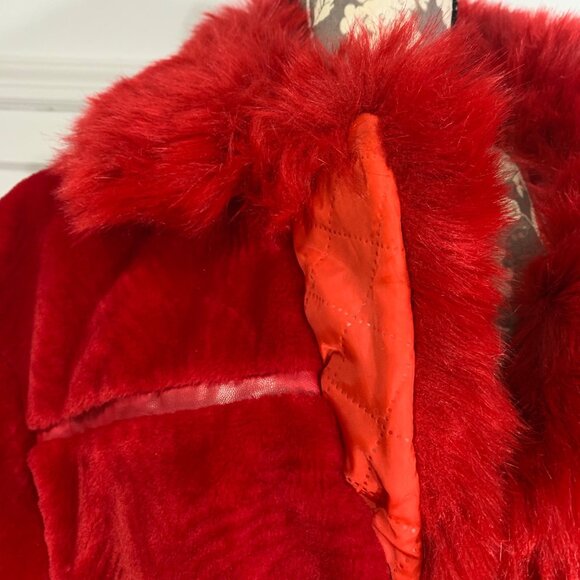 Red Faux Fur Long Coat + Sheer Tulle Open Skirt Overlay For Women Size XL - Picture 5 of 7